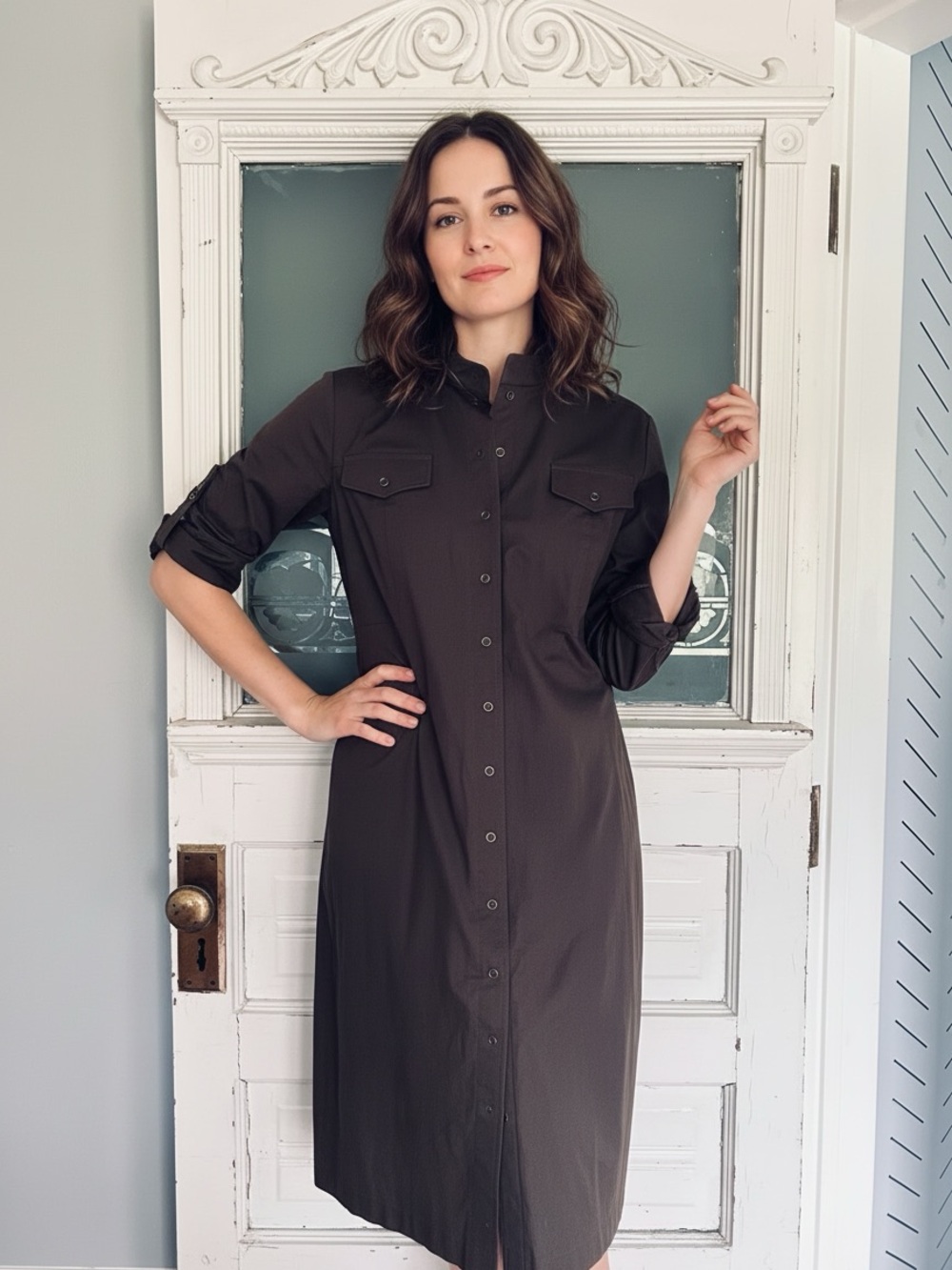 Tahari Olive Green Button-Front Midi Shirt Dress